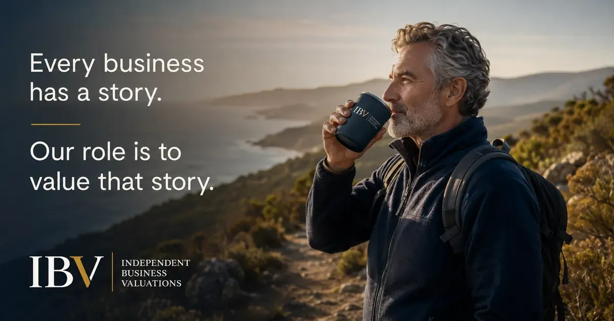 Every business has a story. Our role is to value that story — a valuer with an IBV™ cup on a coastal walk overlooking the ocean