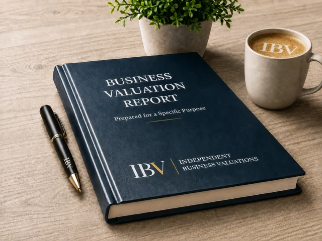 IBV™ business valuation report, executive pen and IBV coffee cup on a desk